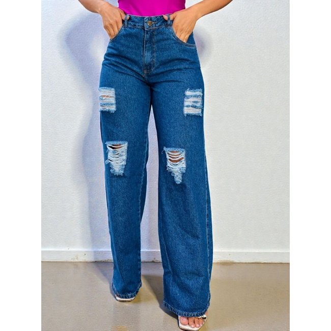 Calça jeans Donna de Paula wide leg azul escura com rasgos