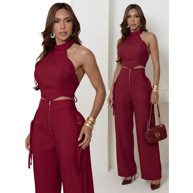 Conjunto Alfaiataria Feminino Divina Gata Cropped Com Bojo E Calça Com Ilhós Vermelho Vinho
