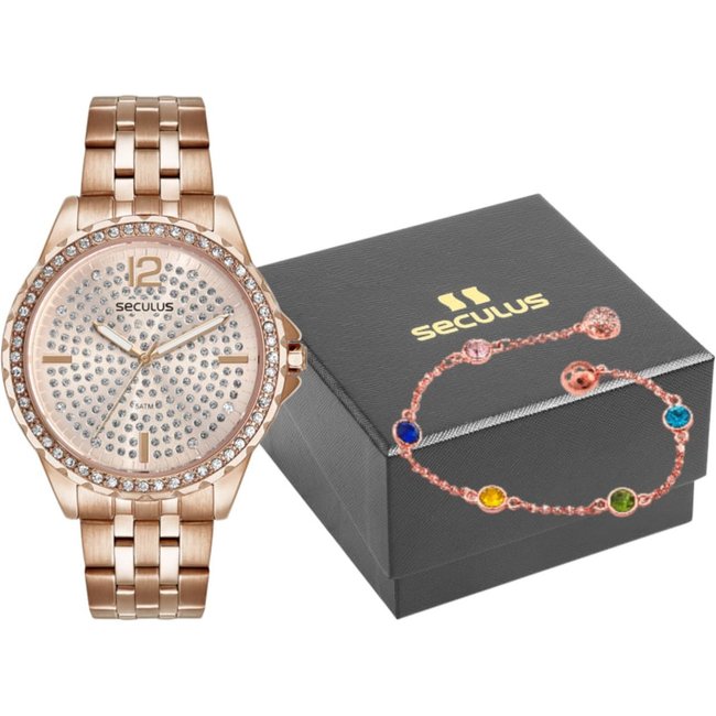 Kit Relógio Feminino Cristais Rosé com Pulseira Colorida Seculus