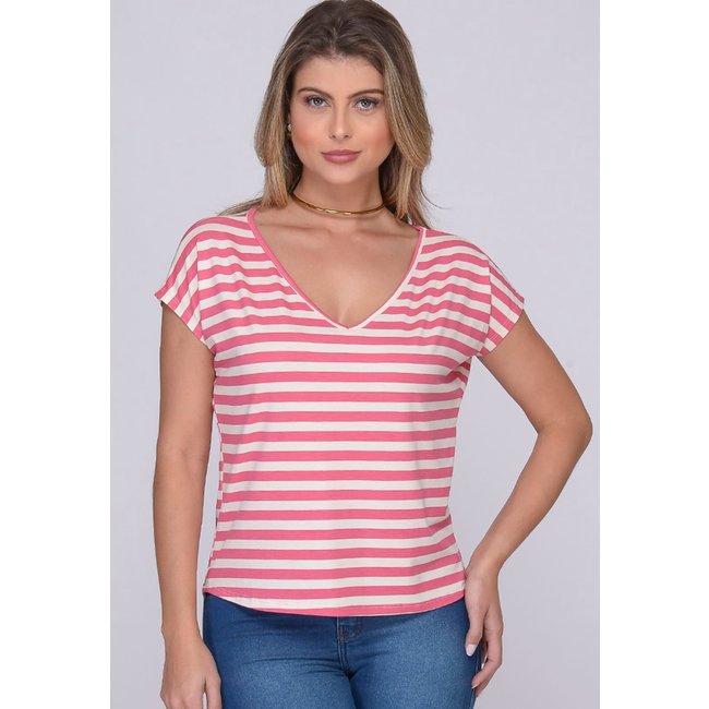 Blusa M/C Decote V B’Bonnie Ioná Listra Rosa