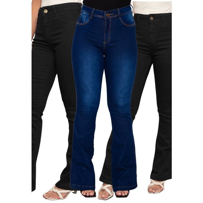 KIT 3 Calça Feminina Flare Mys Jeans Cintura Alta Confortável Preto e Azul Manchado