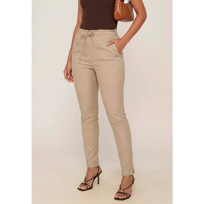 Calça Feminina Sarja Cintura Alta com Cordão Confortável Casual Versátil Bege