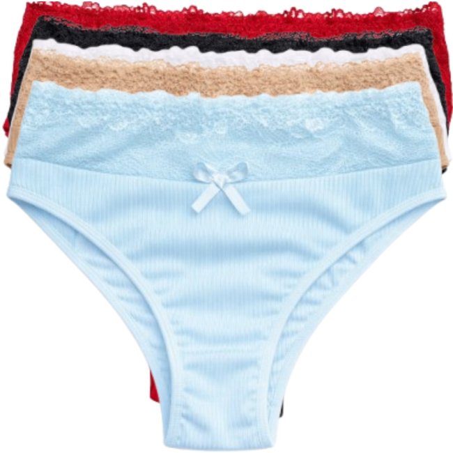 Kit 5 Calcinha Feminina Canelada Cintura Alta Básica Lingerie Conforto Com Renda Cós Alto Calsinha
