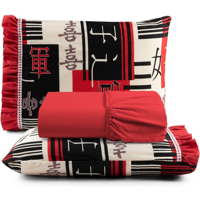 Jogo Cama Lençol Fiore Casa Scarpa Casal Padrão Estampado 180 Fios 100% Algodão com Babadinho 3 Peças Vermelho Oriental Japonês