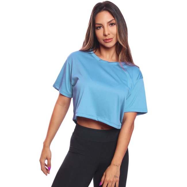 Cropped Manga Curta Feminino Dry Proteção UV Blusa Blusinha Academia Treino Azul