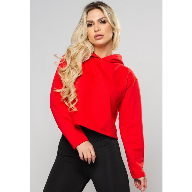 Casaco MVB Modas Manga Longa Cropped Moletom Flanelado Capuz Vermelho