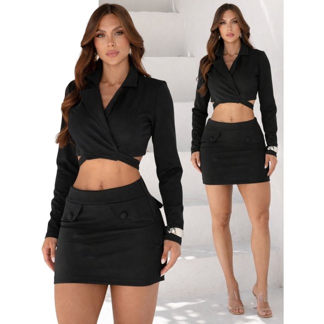 Conjunto Feminino Curto Divina Gata Cropped Blazer e Saia Montaria - Preto