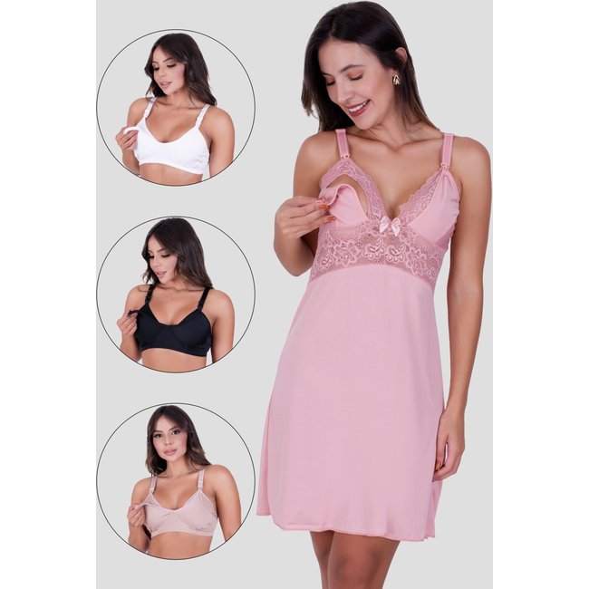 Kit Camisola + 3 Sutiã Amamentação MdMix Maternidade Pós Parto Rosa