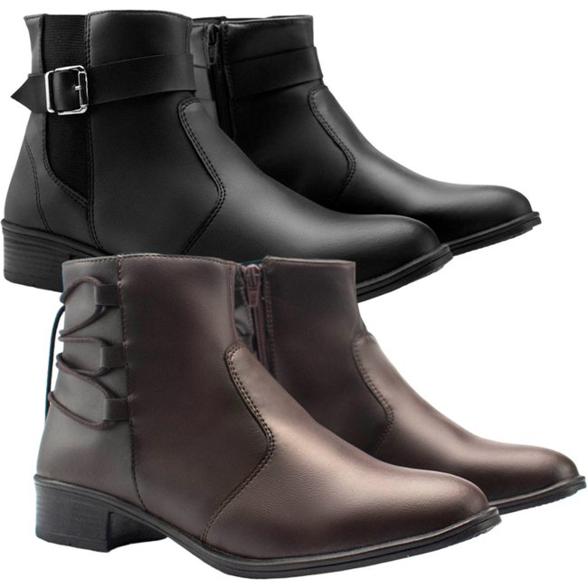 Kit 2 Pares De Bota Botinha Feminina Coturno Mr Try Shoes Cano Curto Salto Baixo Preto E Marrom