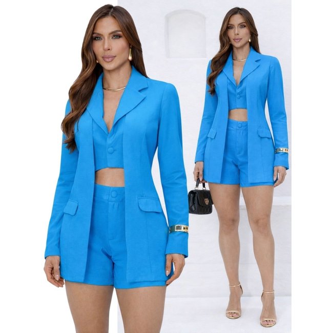 Conjunto Feminino Divina Gata Blazer Colete Duplo Shorts Curto Elegante Casual - Azul ALGARVE