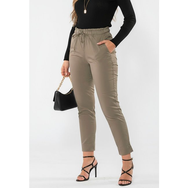 Calça Sarja Feminina Cintura Alta com Elastano e Amarração Conforto e Estilo Casual Bege Escuro