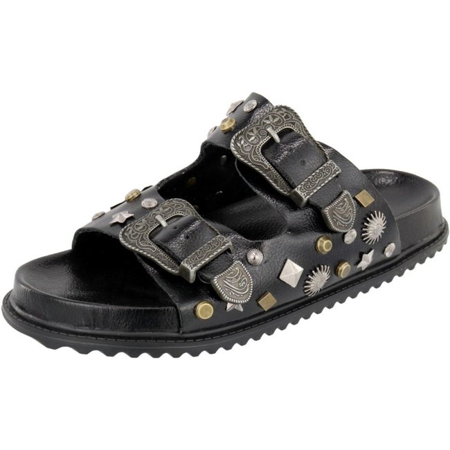 Papete Sandalia Fivela Metal Enfeite Lateral Rasteira Lançamento Verão Tendência Agnes Veronez Preto