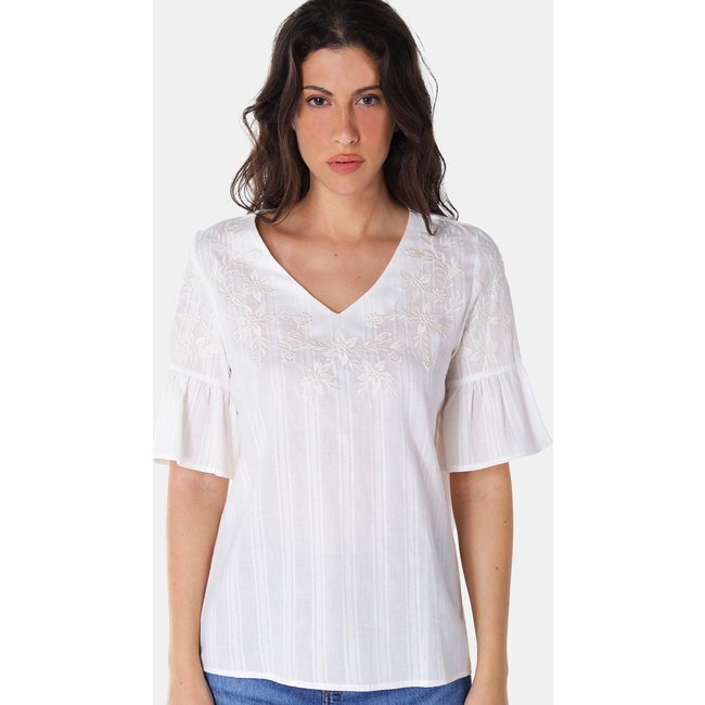 Blusa Branca Bordada Gola V com Mangas 3/4 Algodão Boho Branco