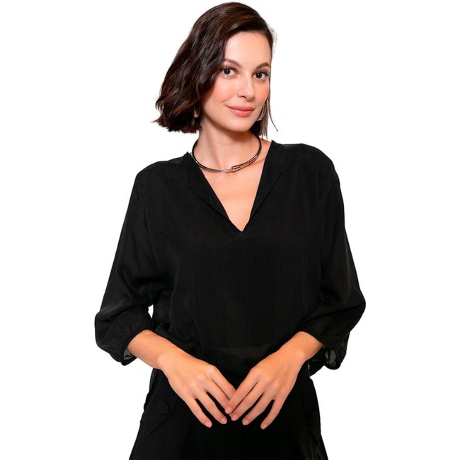 Blusa Feminina Biamar Liocel Gola V Manga Longa Preto