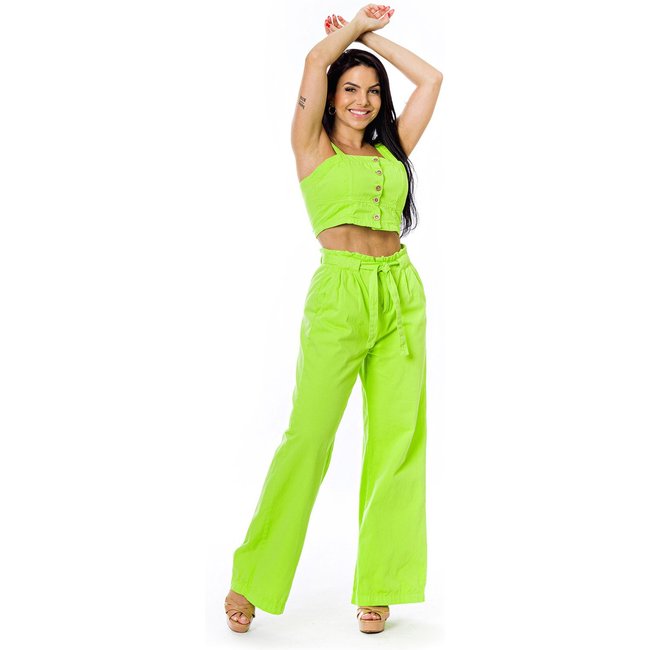 Conjunto Restrito Jeans Cropped e Calça Pantalona - VERDE