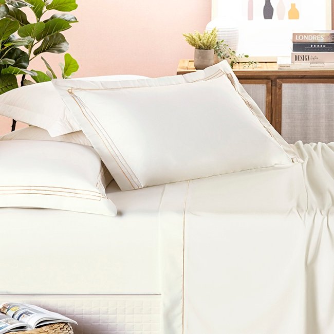 Jogo Cama Lençol Trivio Casa Scarpa Casal 400 Fios Bordado Fronhas Aba Americana 4 Peças Palha