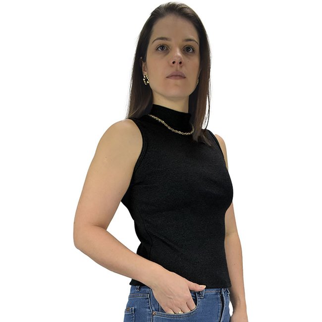 Blusa Regata Camiseta Canelada malha gola alta Butu Biru Preto