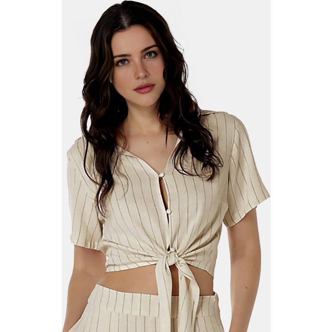 Blusa Sob Bege de Linho Risca de Giz Manga Curta
