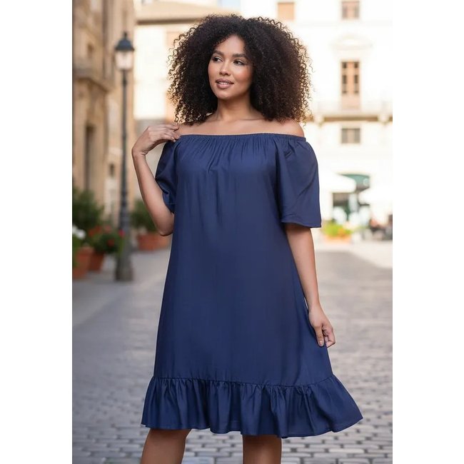 Vestido CabanaFree Curto Mullet Ombro a Ombro Amplo Azul Marinho