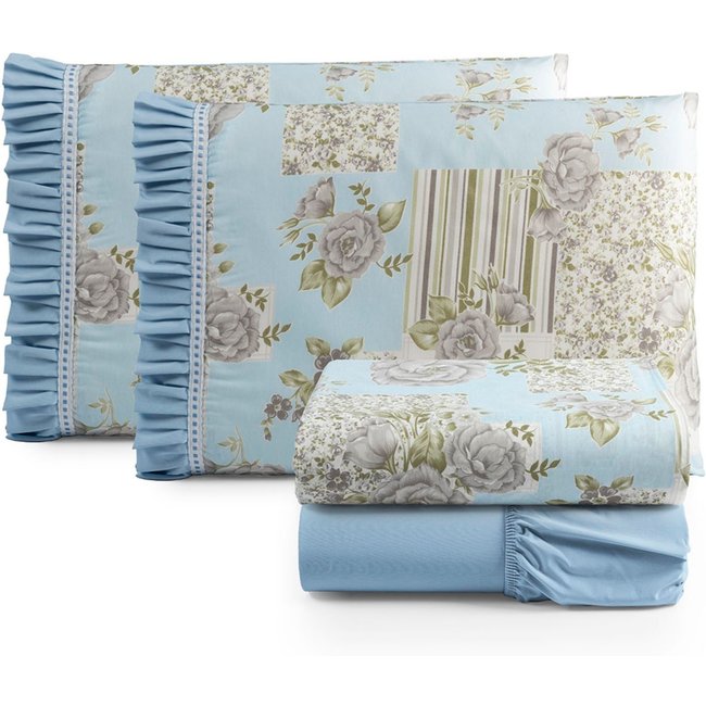 Jogo Cama Lençol Fiore Casa Scarpa Queen Estampado 180 Fios 100% Algodão com Babadinho 4 Peças Azul Floral