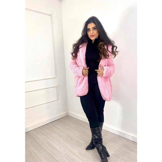 Casaco Teddy Longo Grosso Rosa