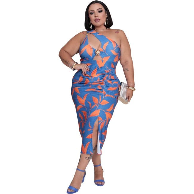 Vestido Summer Body Plus Midi Estampado Sexy Elegante e Argola Dourada Azul Escuro