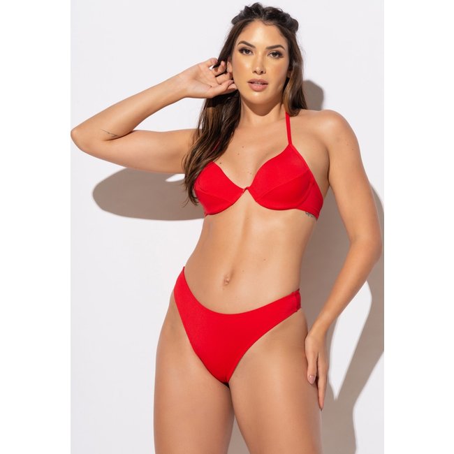 Biquíni MVB Modas Meia Taça Aro Bojo Levanta Seios Asa Delta Liso Vermelho