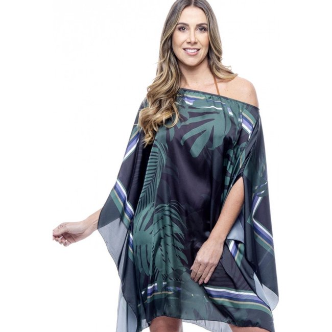 Vestido Kaftan Curto Cetim Estampado EXCLUSIVO Folhagem Verde Fundo Preto