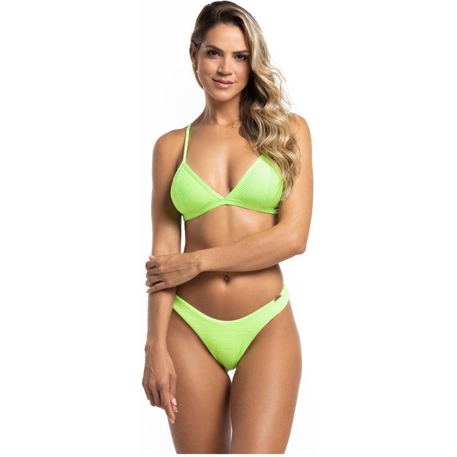 Conjunto Biquíni Cortininha Fixo com Calcinha Asa Delta Texturizado Verde Neon