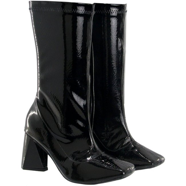 Bota Feminina Cano Médio Bico Quadrado Stretch Verniz Preto