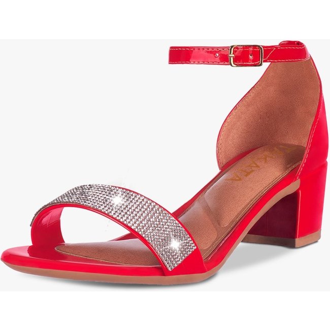 Sandália Feminina Salto Quadrado Grosso Bloco Baixo Verniz Strass brilho Confortável Sapato Festa Vermelho