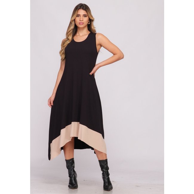 Vestido Midi Assimétrico com Pontas B'Bonnie Nani Preto/Bege