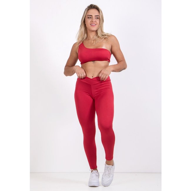 Conjunto Calça Legging Transpassada Suplex Lisa+Top Uma Alça Academia Fitness Vermelho 90% poliéster 10% elastano Tamanhos P M G GG Não desbota, não desfia