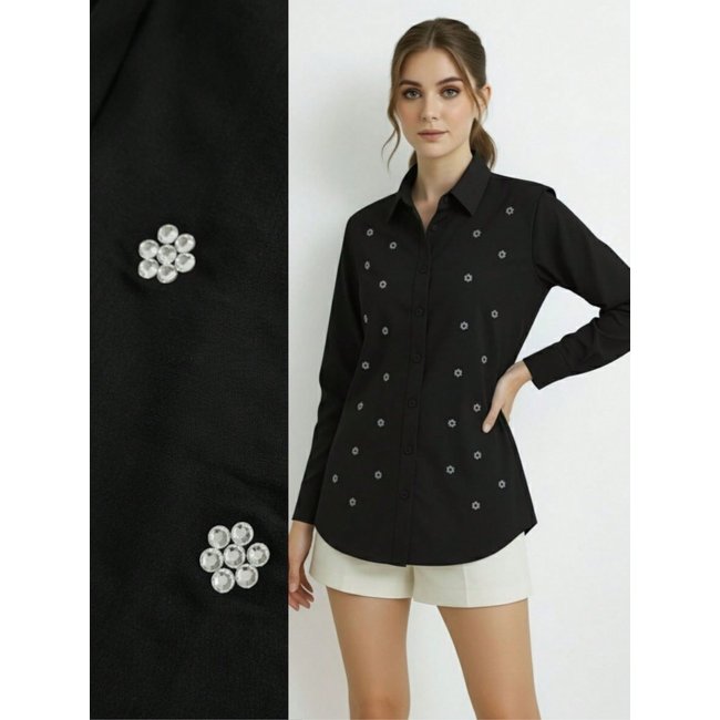 Camisa Social Feminina Margarida com Flor de Strass Premium Preta | Blusa de Luxo Manga Longa Elegante com Strass Brilho