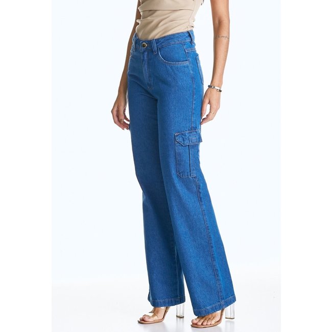 Calça Jeans HNO Jeans Wide Leg Pantalona com Bolso Lateral Azul Intense