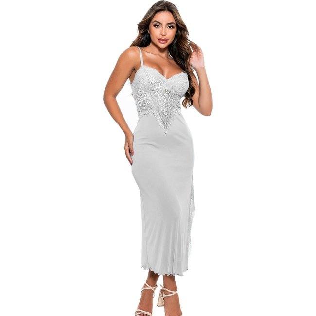 Camisola Longa Tete Variedades Lisa Fenda Rendada Poliamida Lingerie Sensual Branca