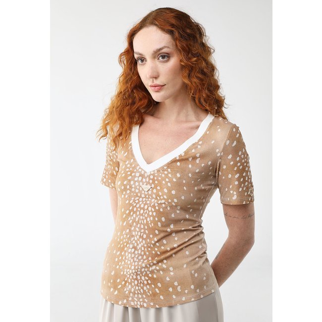 Blusa Canelada Lança Perfume Ajustada Estampada Caramelo