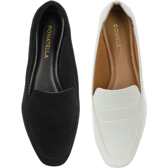 Kit 2 Pares Mocassim Feminino Donatella Shoes Preto Camurça e Branco Croco