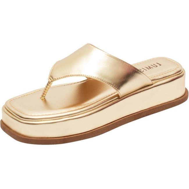 Tamanco Feminino Lumiss Flatform Chinelo De Dedo Papete Confortável Dourado