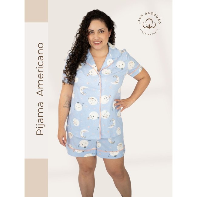 Pijama Algodão Plus Size Americano Curto Flávia - Lua Azul