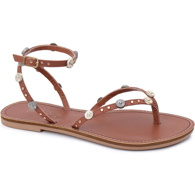 Sandália Feminina Rasteirinha Gladiadora Caramelo Flor de Griffe Confort Com Spikes Elegante Casual Atemporal