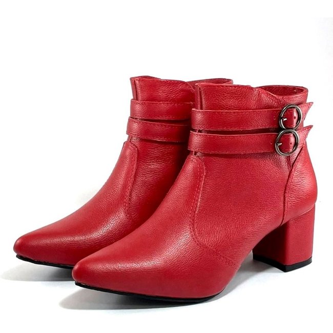 Bota Feminina Em Couro Lirom Cano Curto Salto Grosso Bico Fino Confortável Vermelho