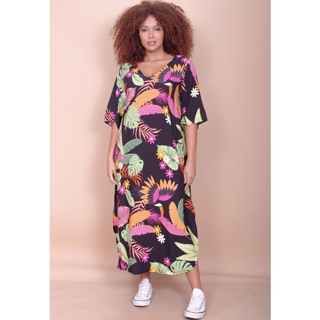 Vestido Cabanafree Midi Abapã Plano com Bolso Estampa Noite Botânica