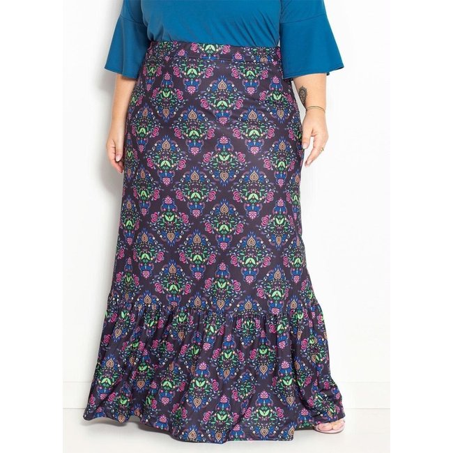 Saia Com Babado Na Barra Plus Size Floral Preta Marguerite