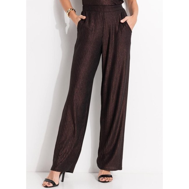 Calça Em Malha Canelada Com Lurex Marrom Quintess