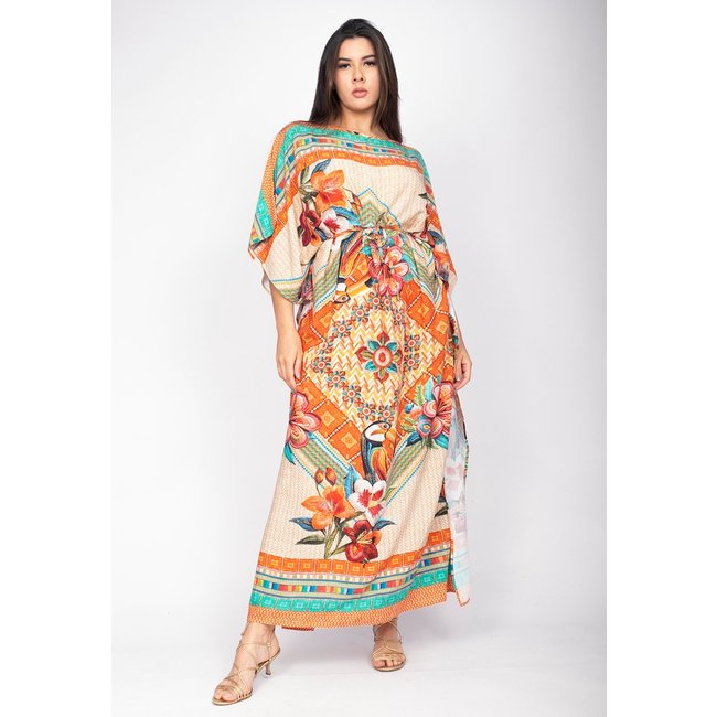 Vestido Amazonia Vital Kaftan Viscose Longo Estampa Tucano Urbano