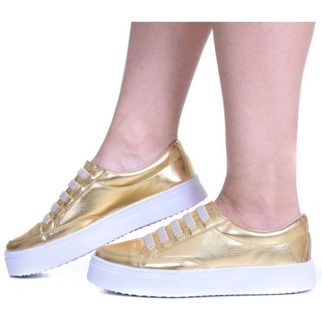 Tênis Feminino Casual Flatform Metalizado Dourado