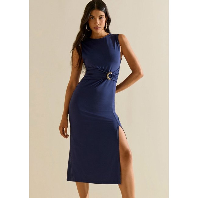 Vestido Morena Rosa Ajustado Decote Careca Sem Manga Midi Azul Azul Marinho