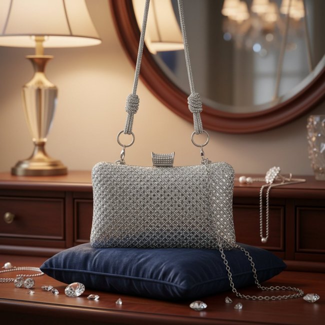 Clutch retangular Prata com Alça Brilho Cristal Premium