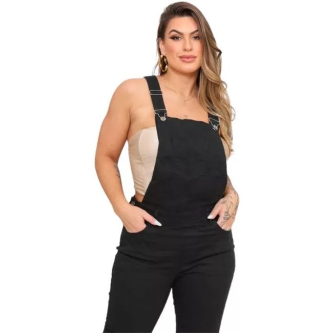 Macacão Jardineira Feminino Jeans Light Preto